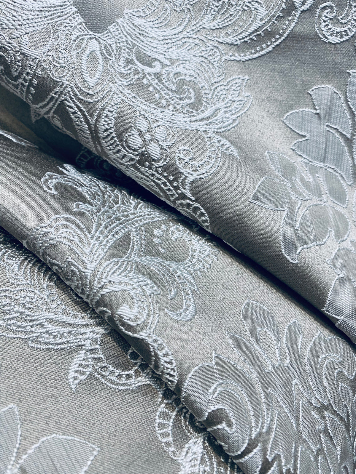 NEW Princess Gemma Designer Brocade Satin Fabric- Gray On Gray- Upholstery Medallion - Fancy Styles Fabric Pierre Frey Lee Jofa Brunschwig & Fils
