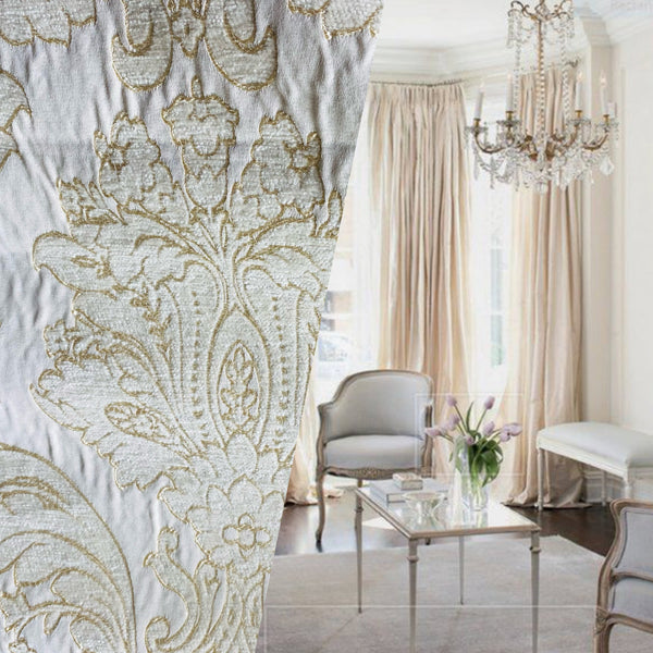 NEW Lady Daniella Designer Medallion Burnout Chenille Velvet Fabric - Brocade- White Cream Gold - Fancy Styles Fabric Pierre Frey Lee Jofa Brunschwig & Fils