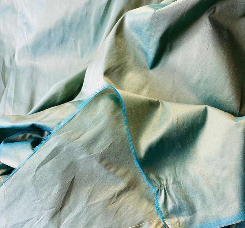 NEW Duchess Mable Designer 100% Silk Dupioni Fabric in Light Turquoise with Peach Iridescence - Fancy Styles Fabric Pierre Frey Lee Jofa Brunschwig & Fils