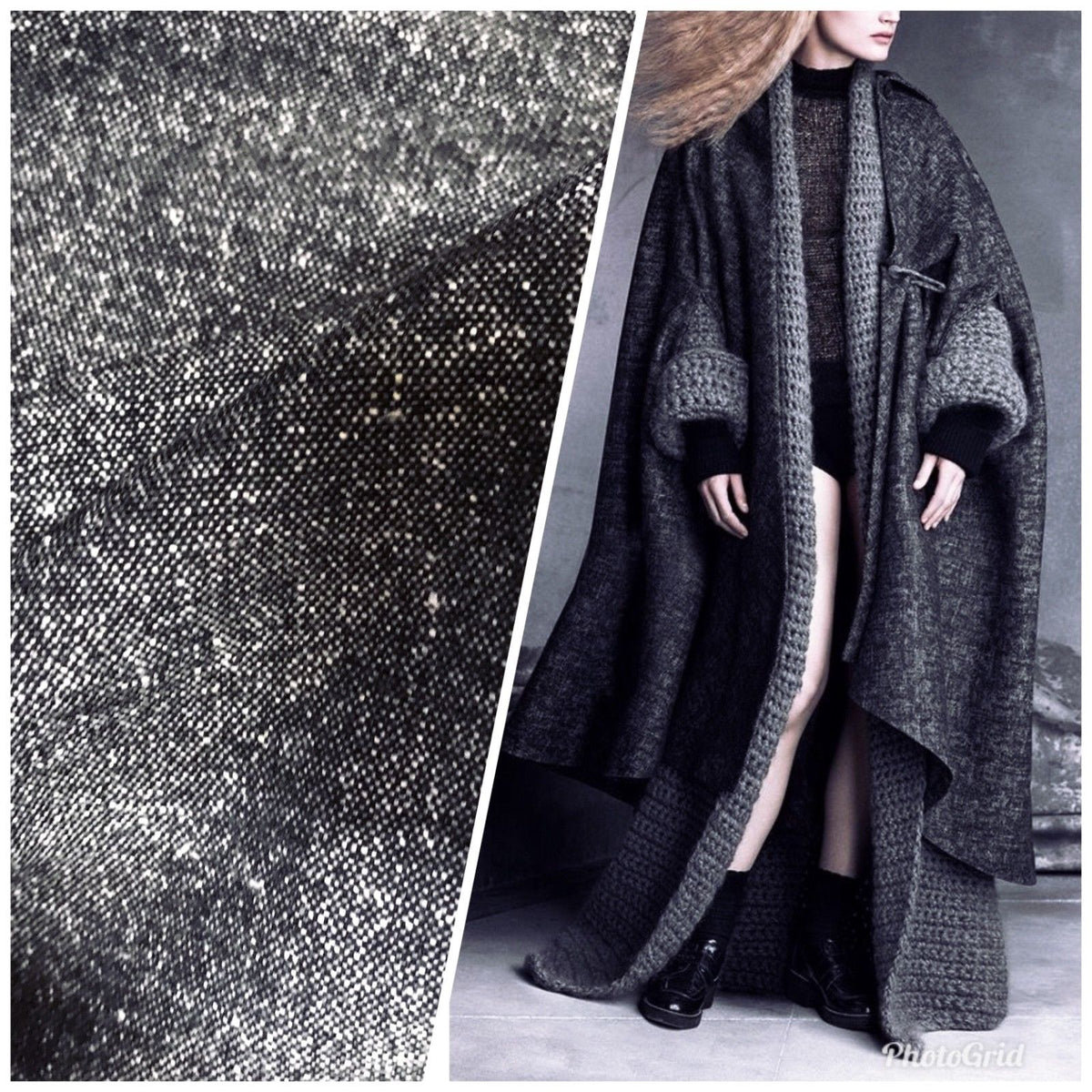 SWATCH- Sample Of Designer Wool Black/White Textured Woven Fabric By the Yard - Fancy Styles Fabric Boutique