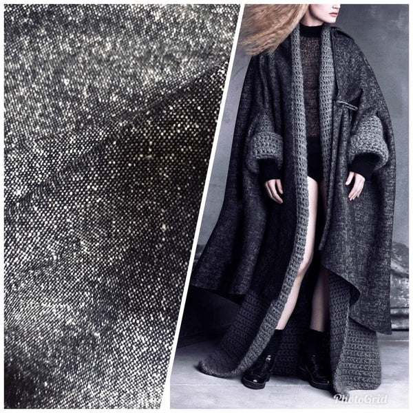 SWATCH- Sample Of Designer Wool Black/White Textured Woven Fabric By the Yard - Fancy Styles Fabric Boutique