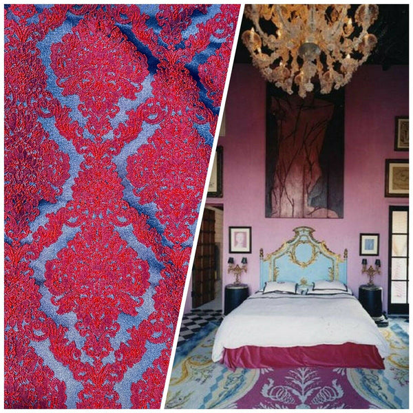 NEW Princess Giselle Designer Damask Satin Drapery Upholstery Fabric - Electric Red & Navy Blue - Fancy Styles Fabric Pierre Frey Lee Jofa Brunschwig & Fils