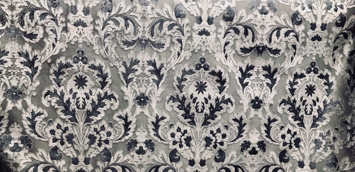 NEW! Antique Inspired Burnout Velvet Damask Fabric - Upholstery Gray Brocade - Fancy Styles Fabric Boutique