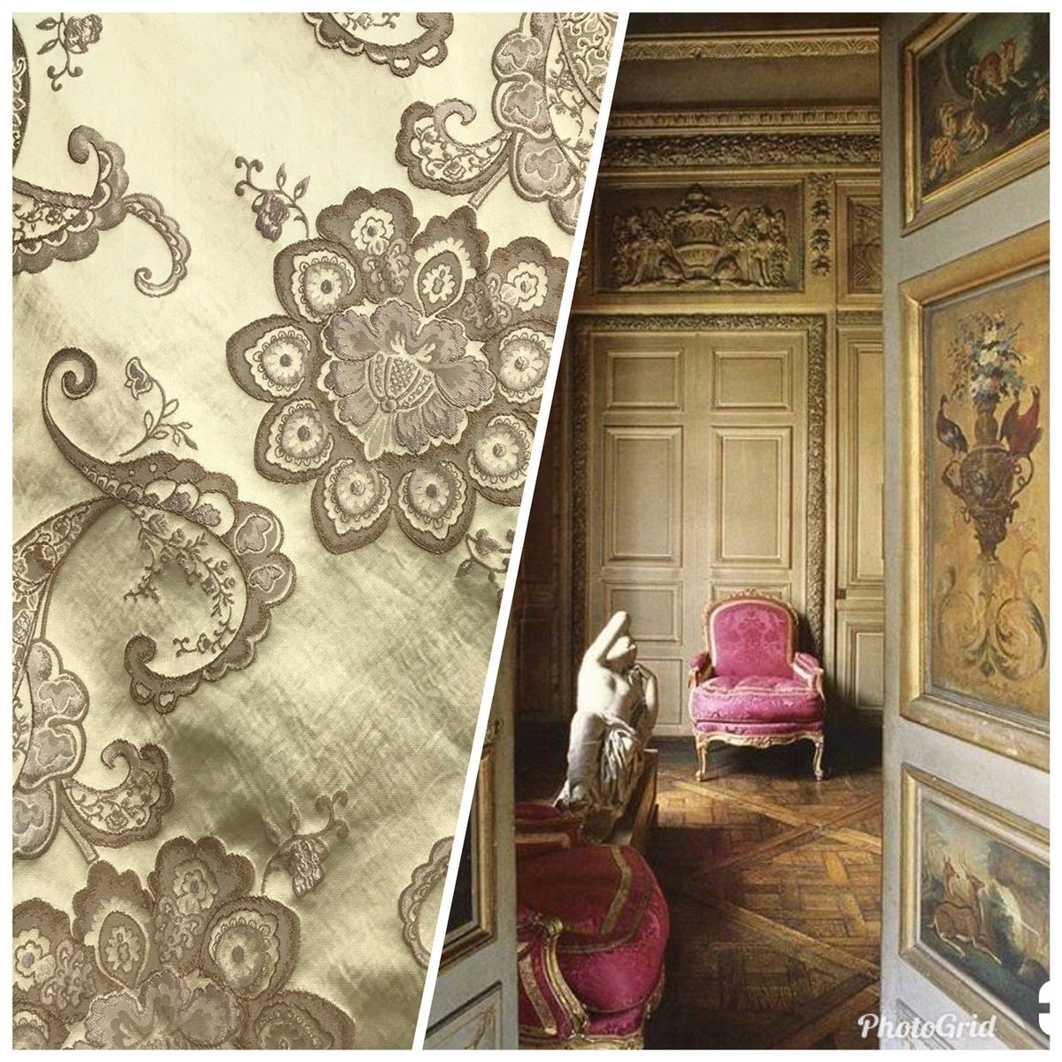 SALE! Designer Brocade Satin Fabric- Antique Taupe On Pale Yellow - Upholstery - Fancy Styles Fabric Pierre Frey Lee Jofa Brunschwig & Fils