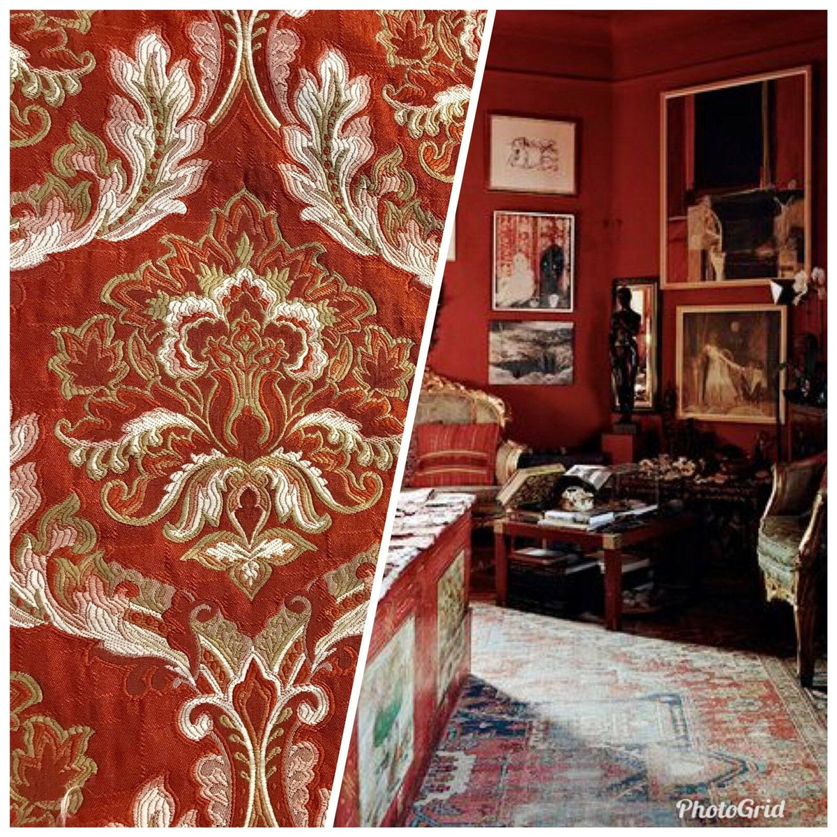 NEW! Sir Drew Designer Quilted Brocade Damask Upholstery Fabric- Rust Brick Red - Fancy Styles Fabric Pierre Frey Lee Jofa Brunschwig & Fils