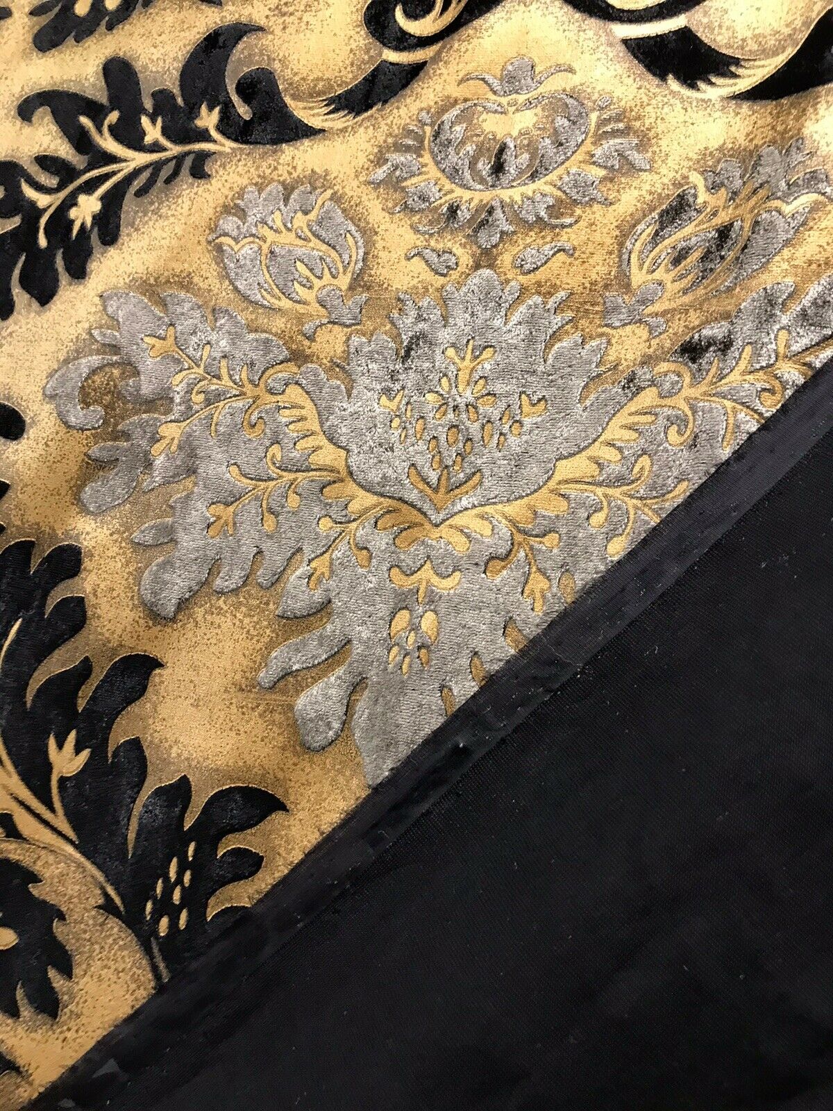 Queen Kathryn Designer Burnout Damask Cut Velvet Fabric Metallic Gold & Black Drapery - Fancy Styles Fabric Pierre Frey Lee Jofa Brunschwig & Fils