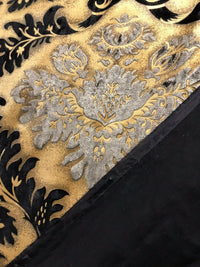 Queen Kathryn Designer Burnout Damask Cut Velvet Fabric Metallic Gold & Black Drapery - Fancy Styles Fabric Pierre Frey Lee Jofa Brunschwig & Fils