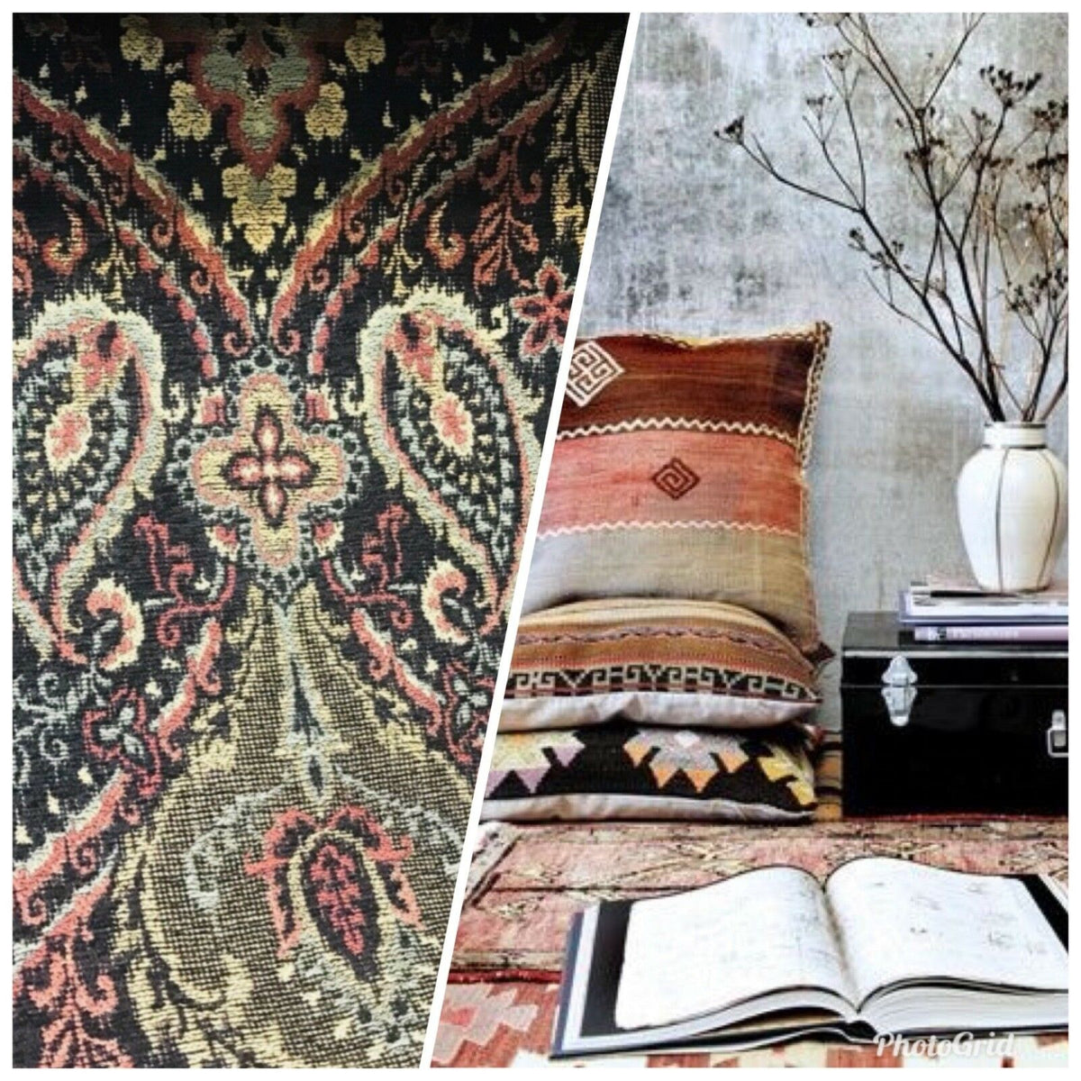 Designer Kilim Rug Inspired Chenille Upholstery Fabric - Black - Fancy Styles Fabric Pierre Frey Lee Jofa Brunschwig & Fils