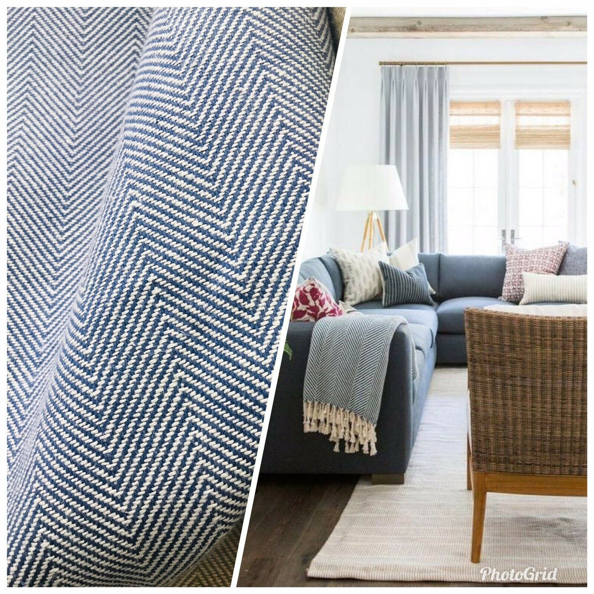 NEW Countess Cora Novelty Designer Herringbone Chevron Upholstery & Drapery Tweed Fabric - Blue - Fancy Styles Fabric Pierre Frey Lee Jofa Brunschwig & Fils