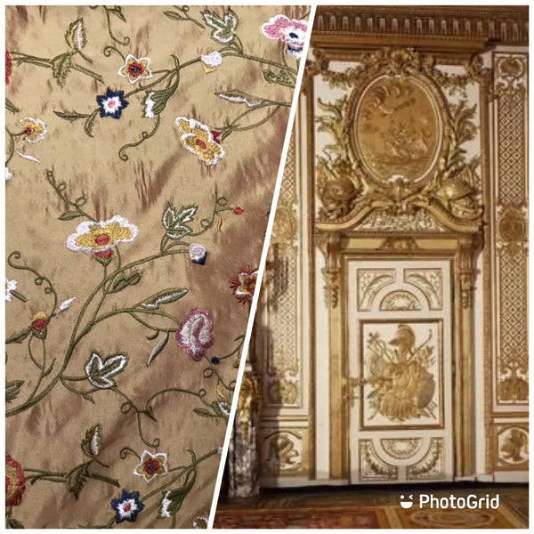 NEW! Lady Melody Designer 100% Silk Dupioni Embroidery Floral Fabric Gold & Pink Iridescence - Fancy Styles Fabric Pierre Frey Lee Jofa Brunschwig & Fils