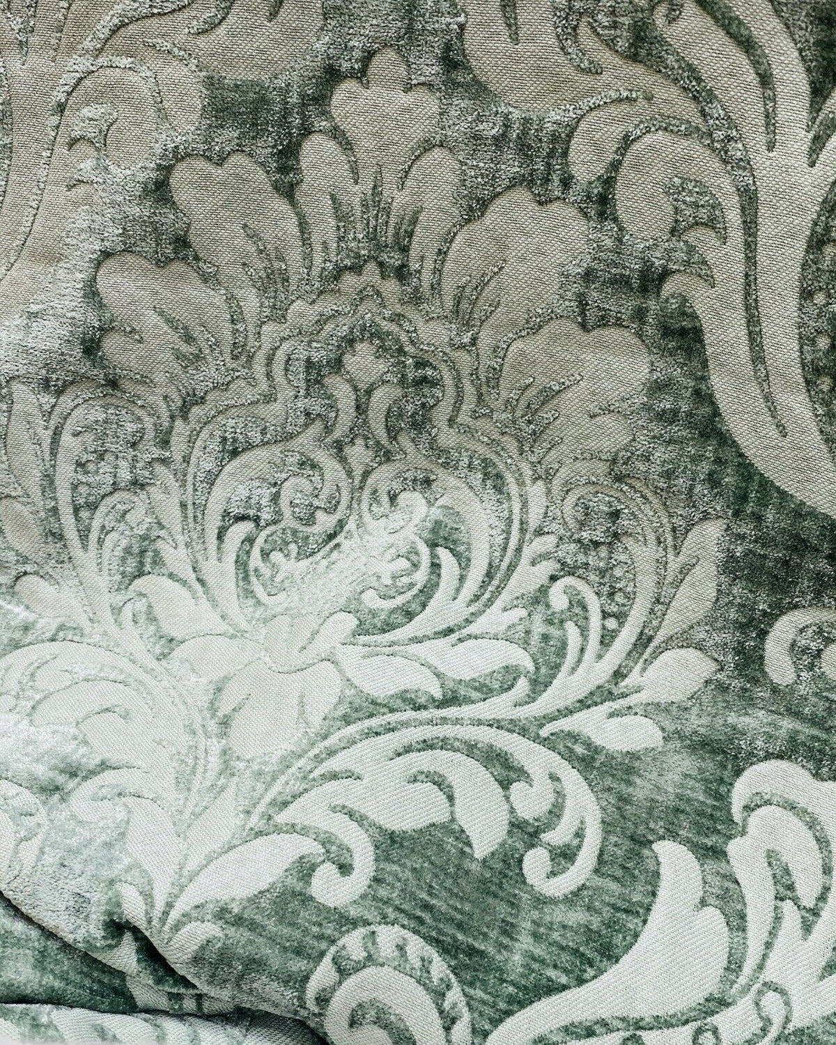 Queen Isabella Designer Damask Burnout Chenille Velvet Fabric -Green Grey BTY - Fancy Styles Fabric Pierre Frey Lee Jofa Brunschwig & Fils
