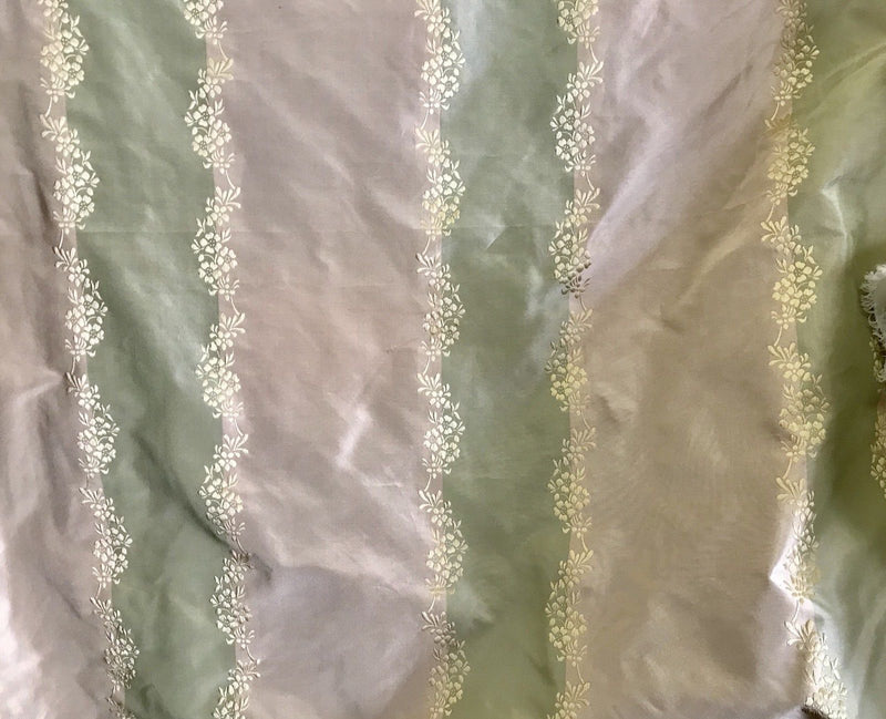 SALE! 100% Silk Taffeta Embroidered Fabric - Pink And Green Stripe W/ Floral - Fancy Styles Fabric Boutique