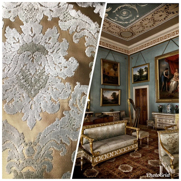 Lady Cecile 1/2 Yard Remnant- Italian Burnout Damask Chenille Blue Bronze Fabric Upholstery - Fancy Styles Fabric Pierre Frey Lee Jofa Brunschwig & Fils