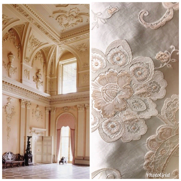 SWATCH Designer Brocade Satin Fabric- Antique Pink On Ivory - Upholstery - Fancy Styles Fabric Boutique