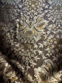 NEW Sir Ian 100% Silk Taffeta Dupioni Floral Brocade Damask Fabric -Brown - Fancy Styles Fabric Pierre Frey Lee Jofa Brunschwig & Fils