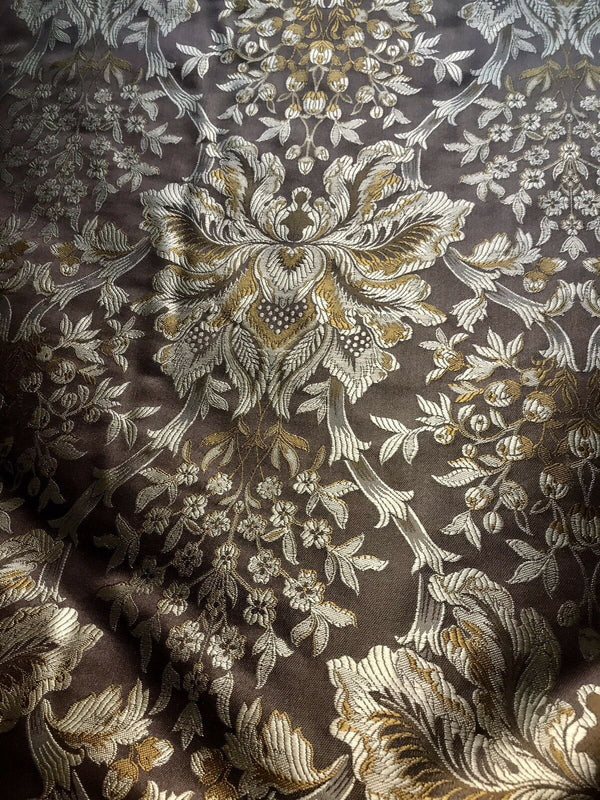 NEW Sir Ian 100% Silk Taffeta Dupioni Floral Brocade Damask Fabric -Brown - Fancy Styles Fabric Pierre Frey Lee Jofa Brunschwig & Fils