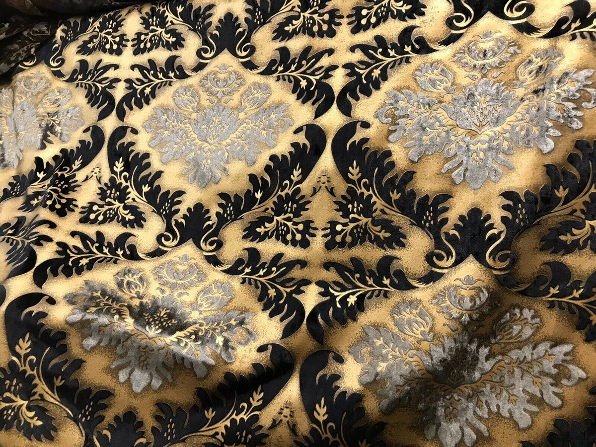 Queen Kathryn Designer Burnout Damask Cut Velvet Fabric Metallic Gold & Black Drapery - Fancy Styles Fabric Pierre Frey Lee Jofa Brunschwig & Fils