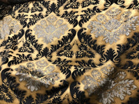 Queen Kathryn Designer Burnout Damask Cut Velvet Fabric Metallic Gold & Black Drapery - Fancy Styles Fabric Pierre Frey Lee Jofa Brunschwig & Fils