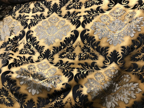 Queen Kathryn Designer Burnout Damask Cut Velvet Fabric Metallic Gold & Black Drapery - Fancy Styles Fabric Pierre Frey Lee Jofa Brunschwig & Fils