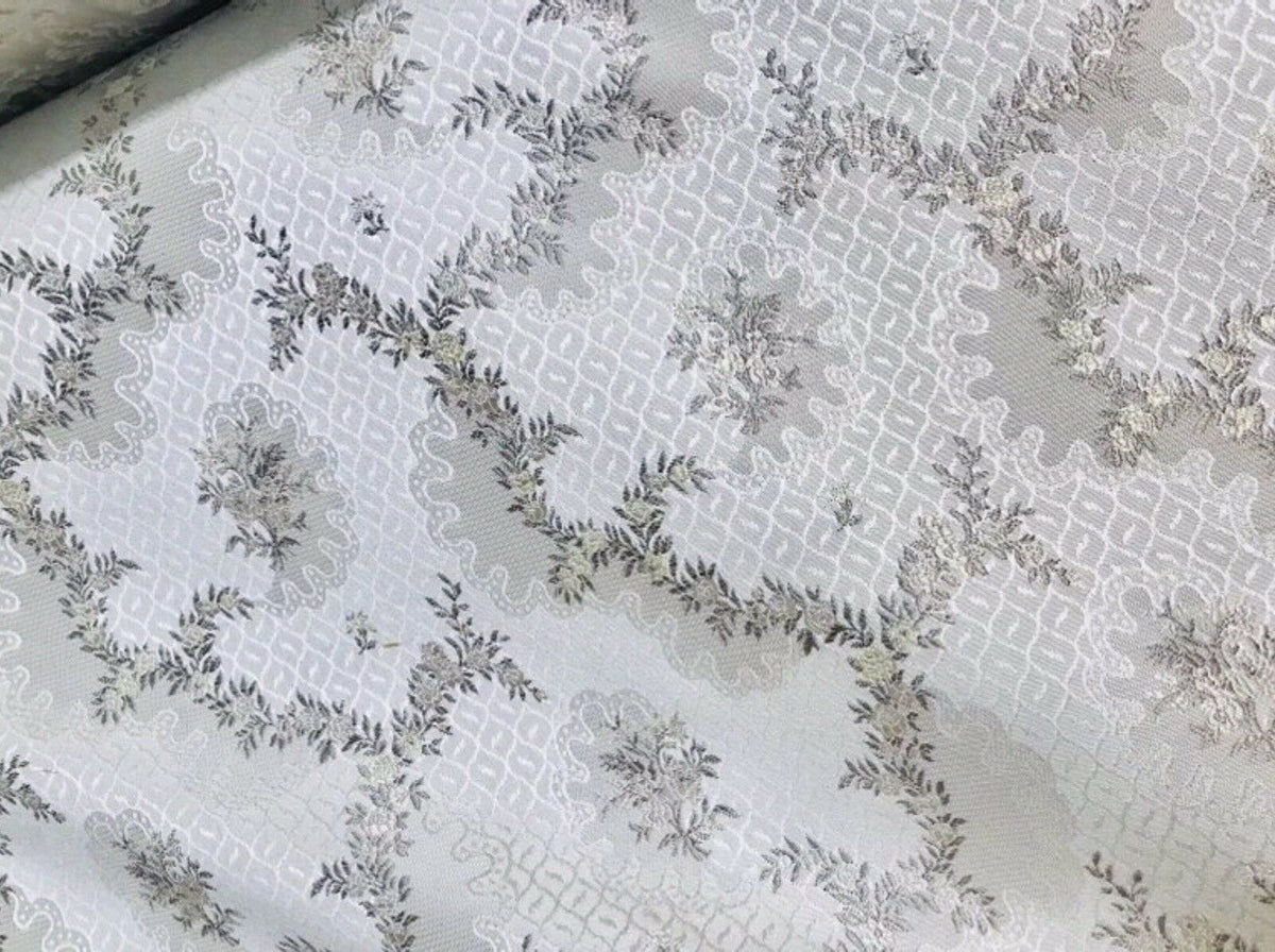 SWATCH 4” x 7” - Brocade Jacquard Fabric- White,Ivory, Grey Floral- Upholstery - Fancy Styles Fabric Pierre Frey Lee Jofa Brunschwig & Fils