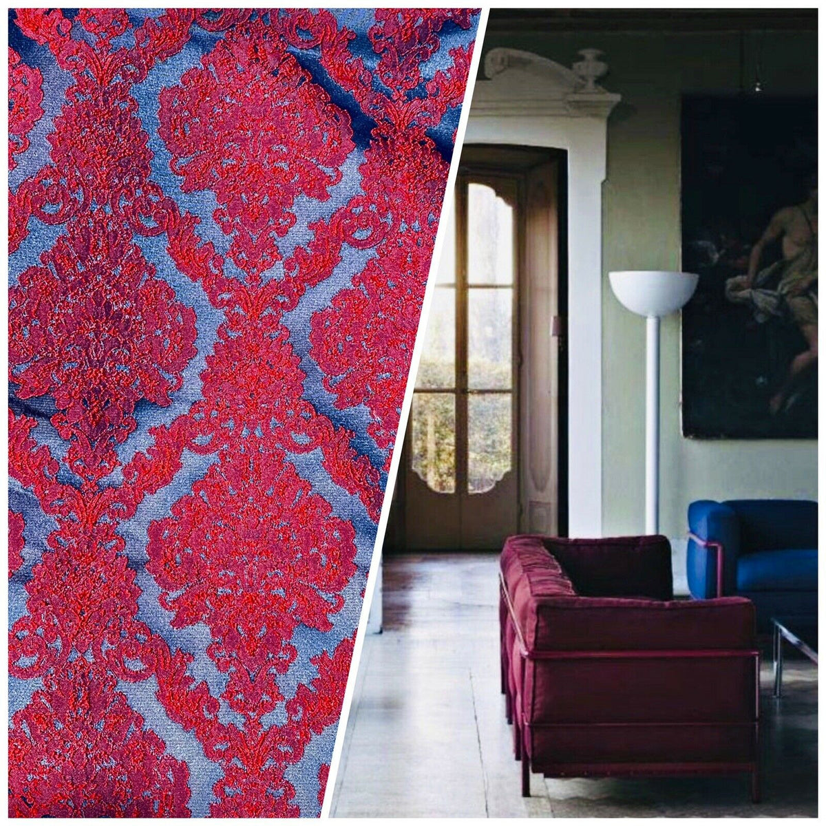 NEW Princess Giselle Designer Damask Satin Drapery Upholstery Fabric - Electric Red & Navy Blue - Fancy Styles Fabric Pierre Frey Lee Jofa Brunschwig & Fils