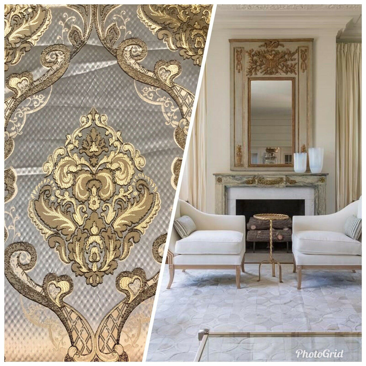 King Eliot Italian Brocade Damask Satin Fabric Ivory Gold Upholstery Neoclassical LLPBI0004 - Fancy Styles Fabric Pierre Frey Lee Jofa Brunschwig & Fils