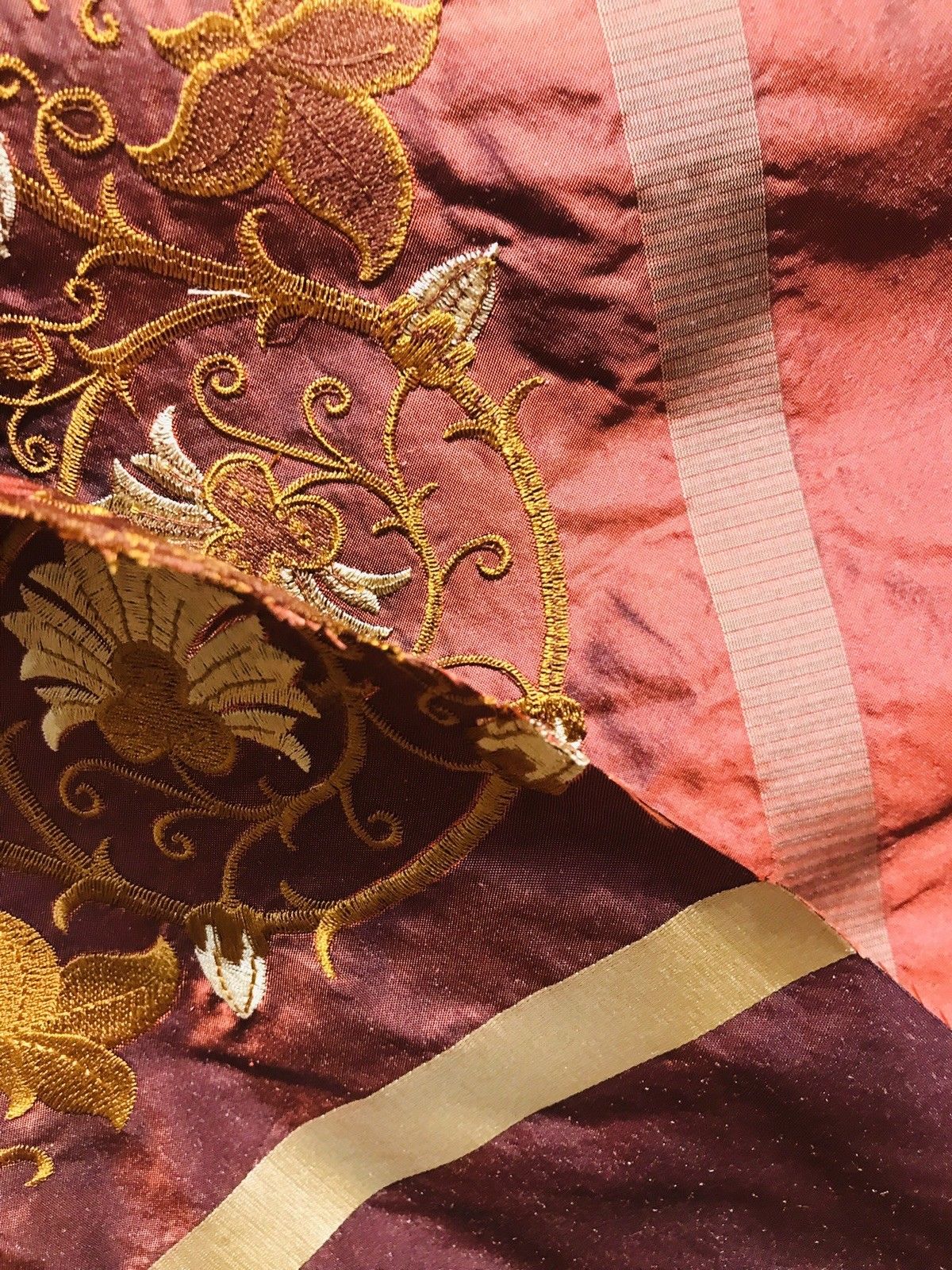 SALE! Designer 100% Silk Taffeta Embroidered Drapery Fabric - Rust Red Floral - Fancy Styles Fabric Boutique