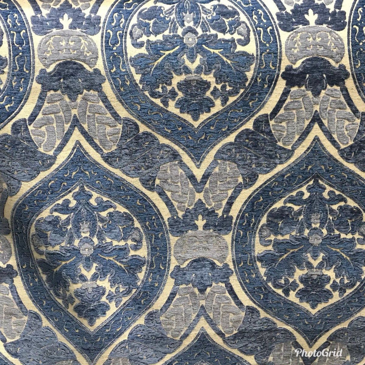 SWATCH Double Sided Burnout Chenille Velvet Fabric- Blue Upholstery Damask - Fancy Styles Fabric Boutique