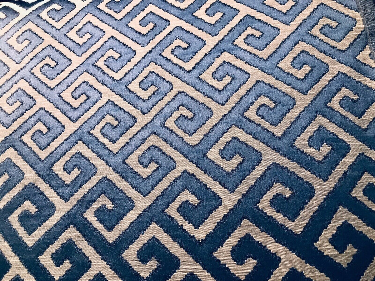Sir Ryan Designer Burnout Geometric Satin Upholstery Fabric- Blue & Natural BTY - Fancy Styles Fabric Pierre Frey Lee Jofa Brunschwig & Fils