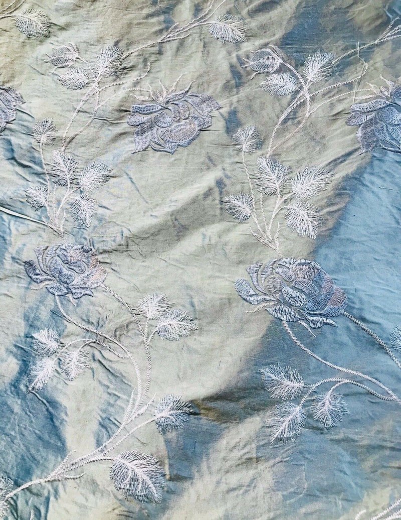 NEW! Queen Evelyn 100% Silk Taffeta Interior Design Drapery Fabric Embroidery Light Blue - Fancy Styles Fabric Pierre Frey Lee Jofa Brunschwig & Fils