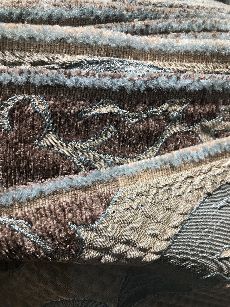 NEW Eggshell Blue-Brown Satin & Cut Chenille Velvet Brocade Upholstery Fabric - Fancy Styles Fabric Boutique