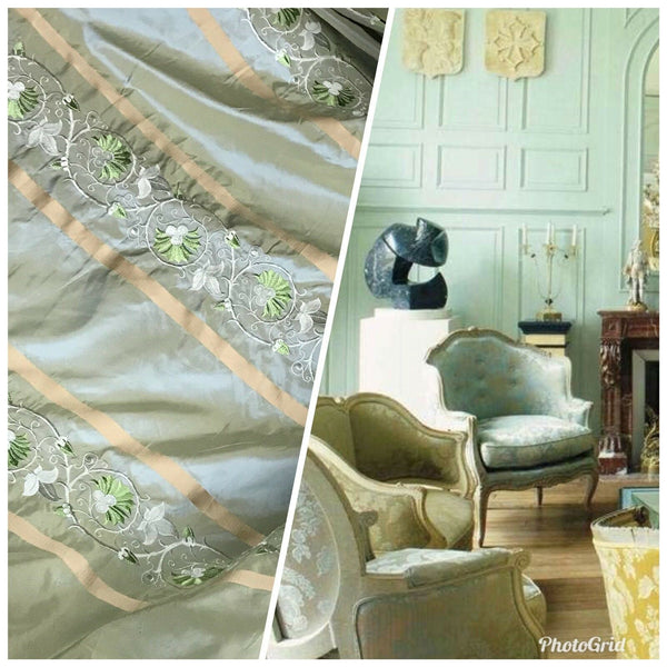SALE! Duchess Jezebel Designer 100% Silk Taffeta Aqua Green Fabric Embroidered Drapery - Fancy Styles Fabric Pierre Frey Lee Jofa Brunschwig & Fils