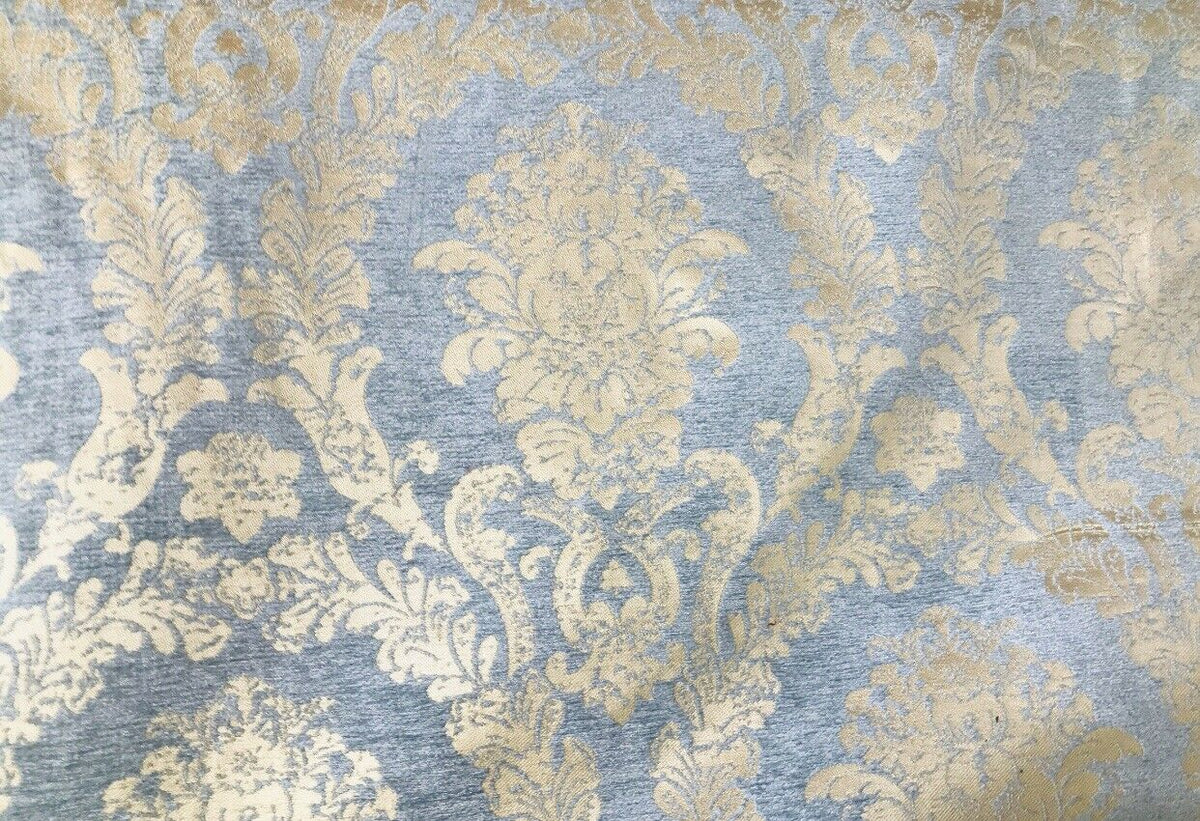 Lord Augustin Designer Velvet Chenille Burnout Damask Upholstery Fabric - Blue & Gold - Fancy Styles Fabric Pierre Frey Lee Jofa Brunschwig & Fils