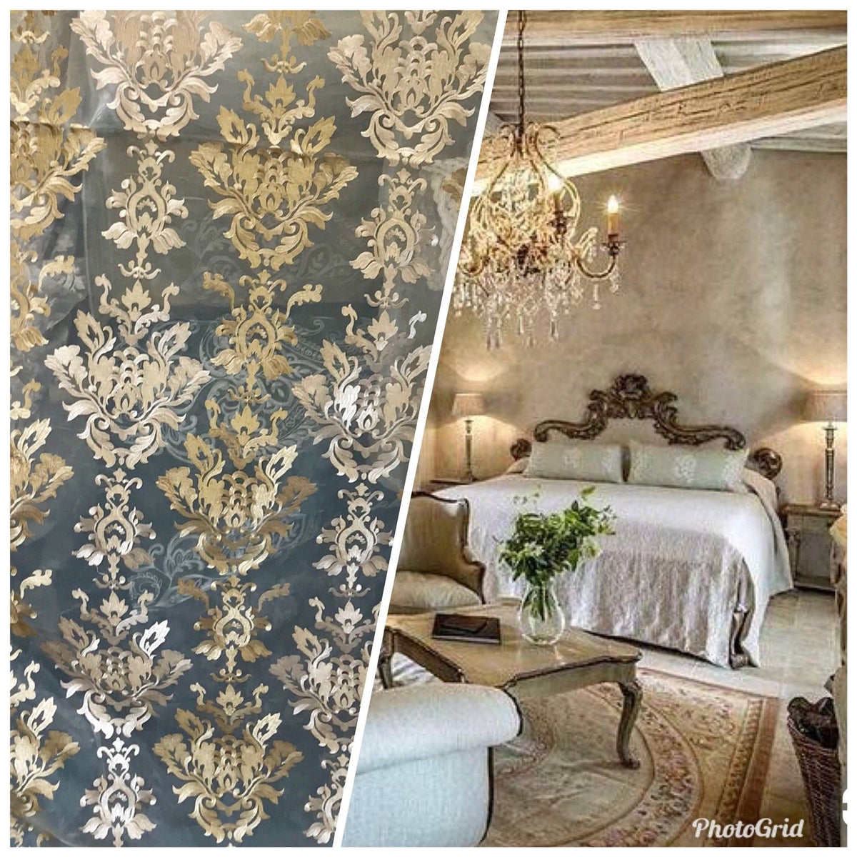 SALE 112” Wide Sheer Voile Drapery Fabric Interior Decorating- Taupe Embroidery - Fancy Styles Fabric Boutique