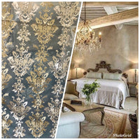 SALE 112” Wide Sheer Voile Drapery Fabric Interior Decorating- Taupe Embroidery - Fancy Styles Fabric Boutique