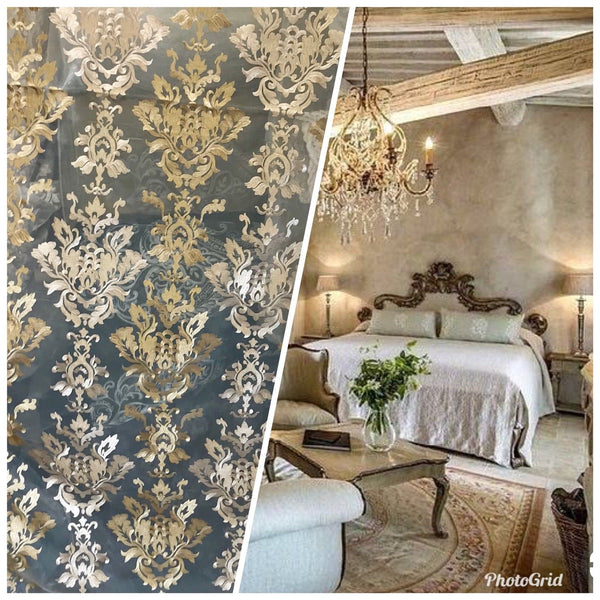 SALE 112” Wide Sheer Voile Drapery Fabric Interior Decorating- Taupe Embroidery - Fancy Styles Fabric Boutique