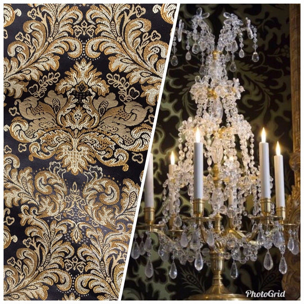 SWATCH 5” x 8” - Prince Liam Brocade Satin Jacquard Fabric- Black Gold- Upholstery Damask LLPBK0003 - Fancy Styles Fabric Pierre Frey Lee Jofa Brunschwig & Fils