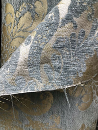 Lord Augustin Designer Velvet Chenille Burnout Damask Upholstery Fabric - Blue & Gold - Fancy Styles Fabric Pierre Frey Lee Jofa Brunschwig & Fils