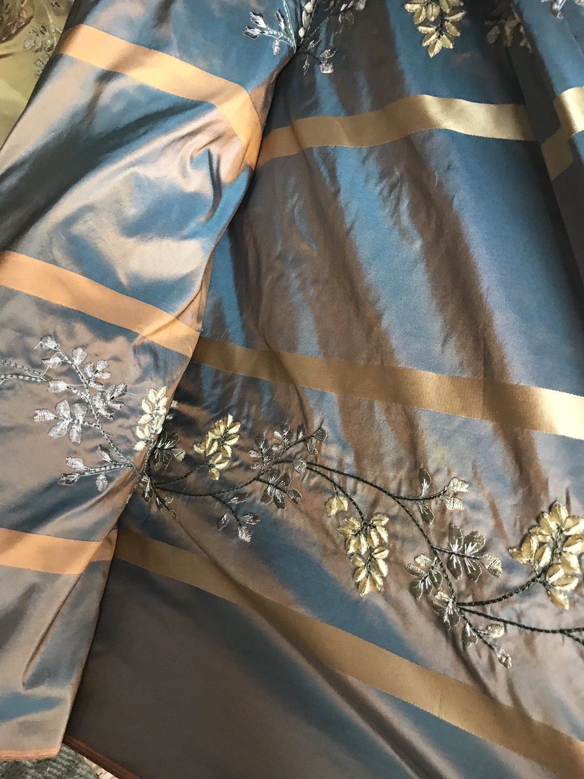 SALE! Designer 100% Silk Taffeta Embroidery Fabric Teal & Peach Iridescent - Fancy Styles Fabric Boutique