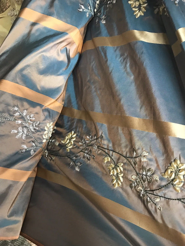 SALE! Designer 100% Silk Taffeta Embroidery Fabric Teal & Peach Iridescent - Fancy Styles Fabric Boutique