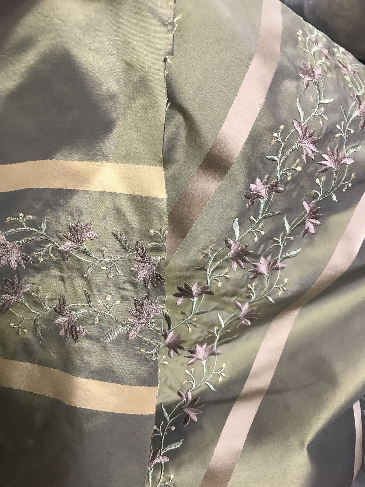NEW! SALE! 100% Silk Taffeta Embroidered Fabric- Green With Lavender Floral - Fancy Styles Fabric Boutique