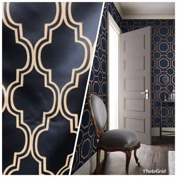 NEW! Designer Brocade Satin Geometric Fabric- Indigo Navy Blue BTY - Fancy Styles Fabric Pierre Frey Lee Jofa Brunschwig & Fils