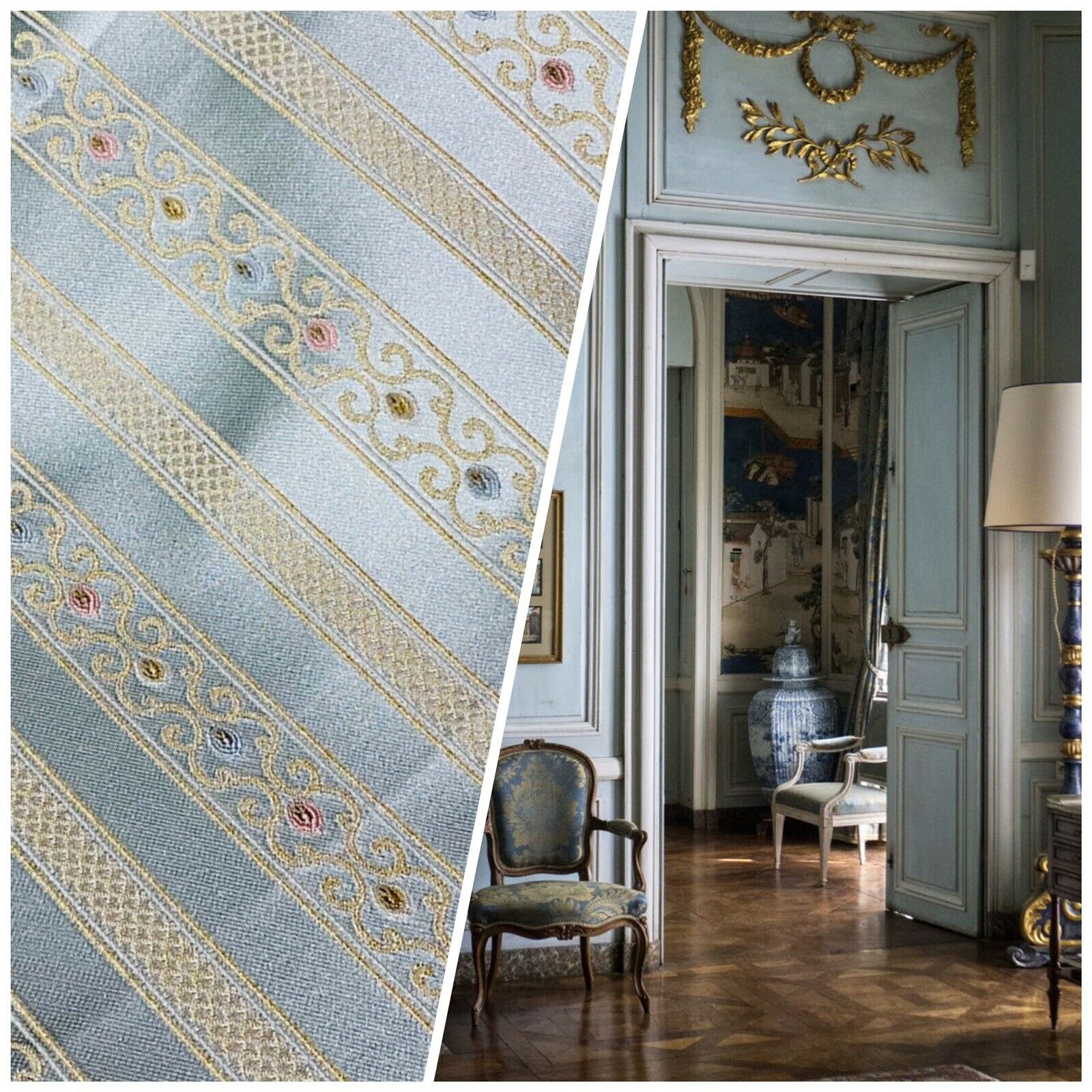 NEW Princess Avery Novelty Ritz Neoclassical Brocade Striped Satin Fabric - Louis  Blue