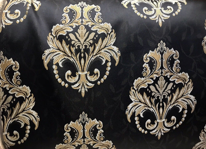 Designer Double Jacquard Satin Fabric - Black And Gold 114” Wide - Upholstery - Fancy Styles Fabric Pierre Frey Lee Jofa