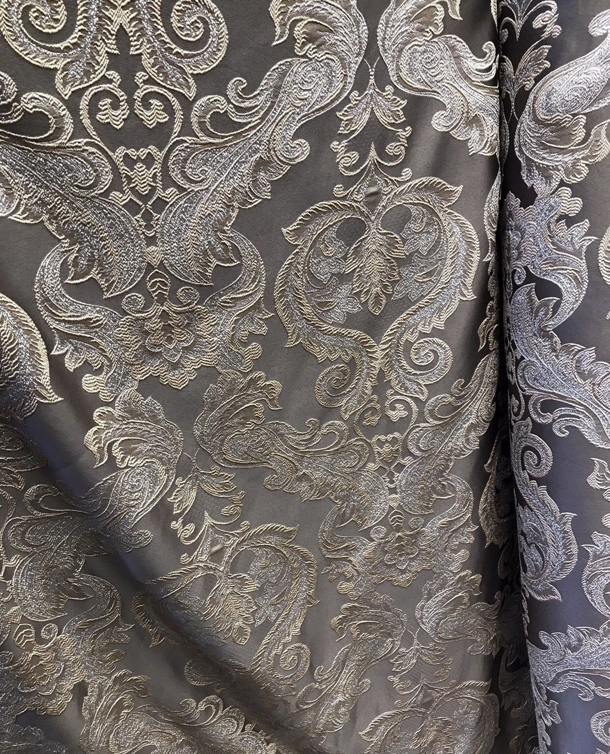 SWATCH 8” x 8” Sample- Designer Brocade Satin Fabric- Gray Silver Gold - Damask - Fancy Styles Fabric Pierre Frey Lee Jofa Brunschwig & Fils