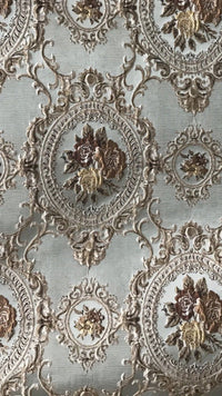 SWATCH Designer Brocade Satin Fabric- Antique Blue Taupe Roses Upholstery Damask - Fancy Styles Fabric Boutique