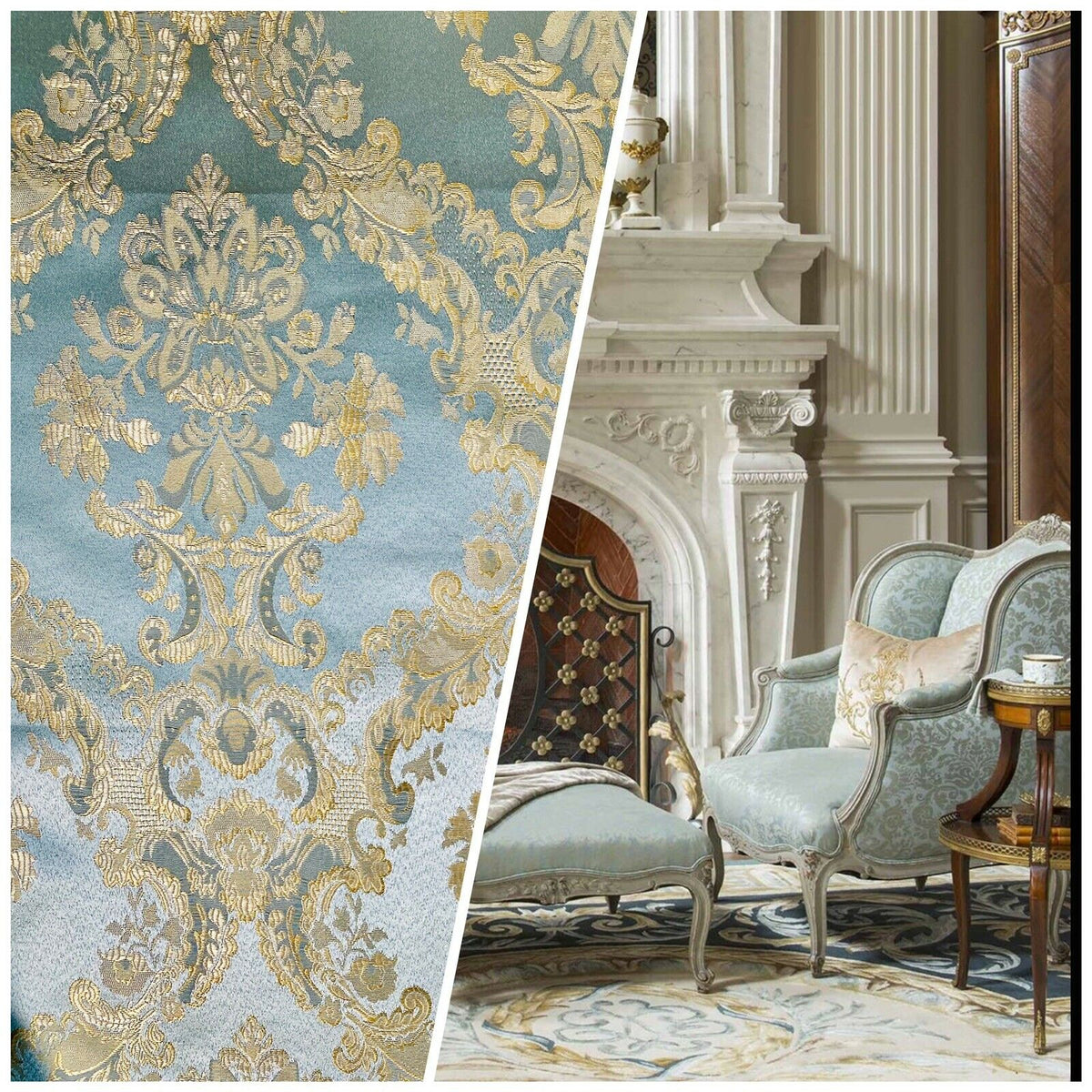 NEW! Prince Lucas Designer Brocade Jacquard Fabric- Antique Duck Egg Blue Gold- Damask - Fancy Styles Fabric Pierre Frey Lee Jofa Brunschwig & Fils