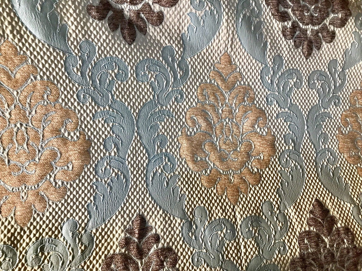 NEW Eggshell Blue-Brown Satin & Cut Chenille Velvet Brocade Upholstery Fabric - Fancy Styles Fabric Boutique