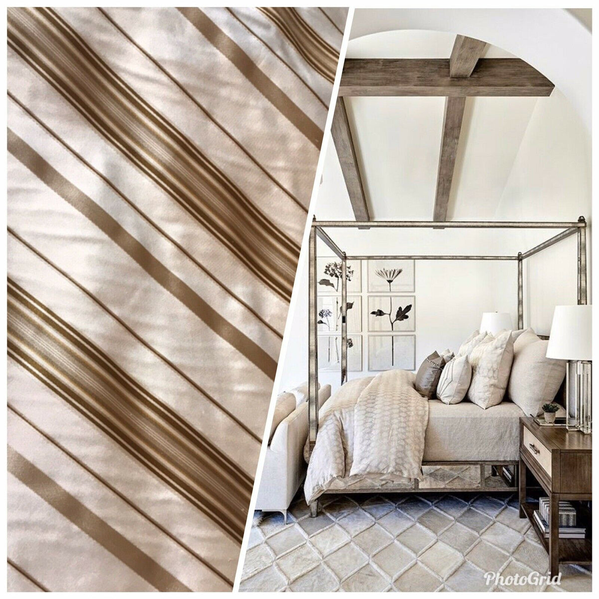 NEW! Lady Grace 100% Silk Taffeta Dupioni Ivory Cream Fabric Bronze & Gold Stripes - Fancy Styles Fabric Pierre Frey Lee Jofa Brunschwig & Fils