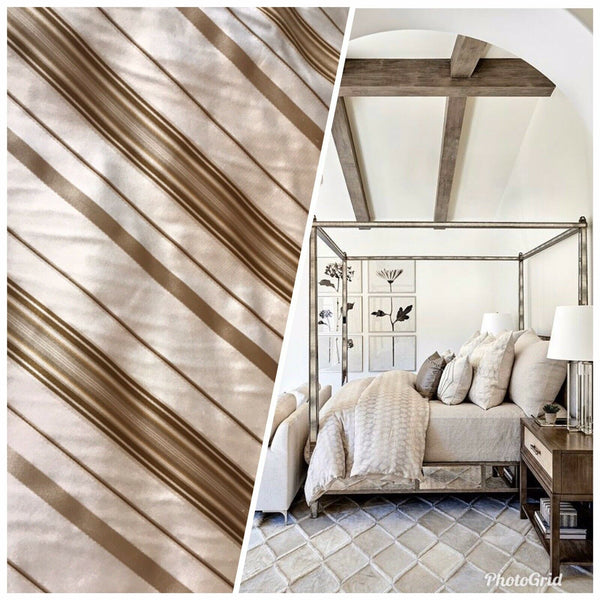 NEW! Lady Grace 100% Silk Taffeta Dupioni Ivory Cream Fabric Bronze & Gold Stripes - Fancy Styles Fabric Pierre Frey Lee Jofa Brunschwig & Fils